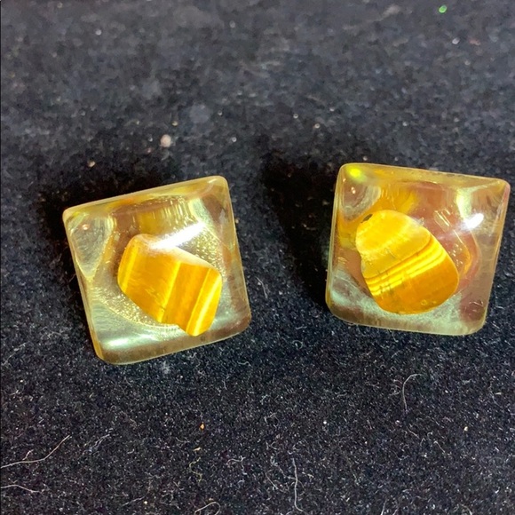 Vintage Resin and Tiger Eye (?) Cufflinks -Stamped - Picture 1 of 5